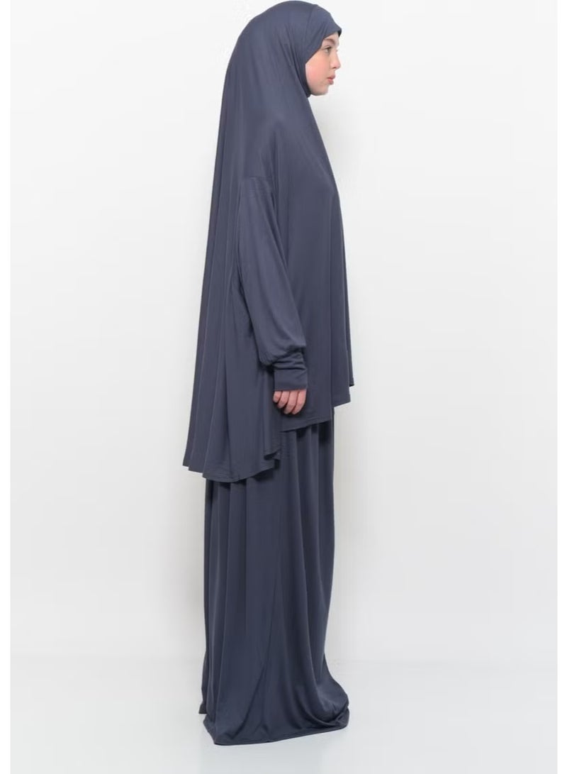 Altobeh Practical Two Piece Cotton Bat Sleeve Headscarf Organic Hijab Prayer Dress-Smoke - Image 2